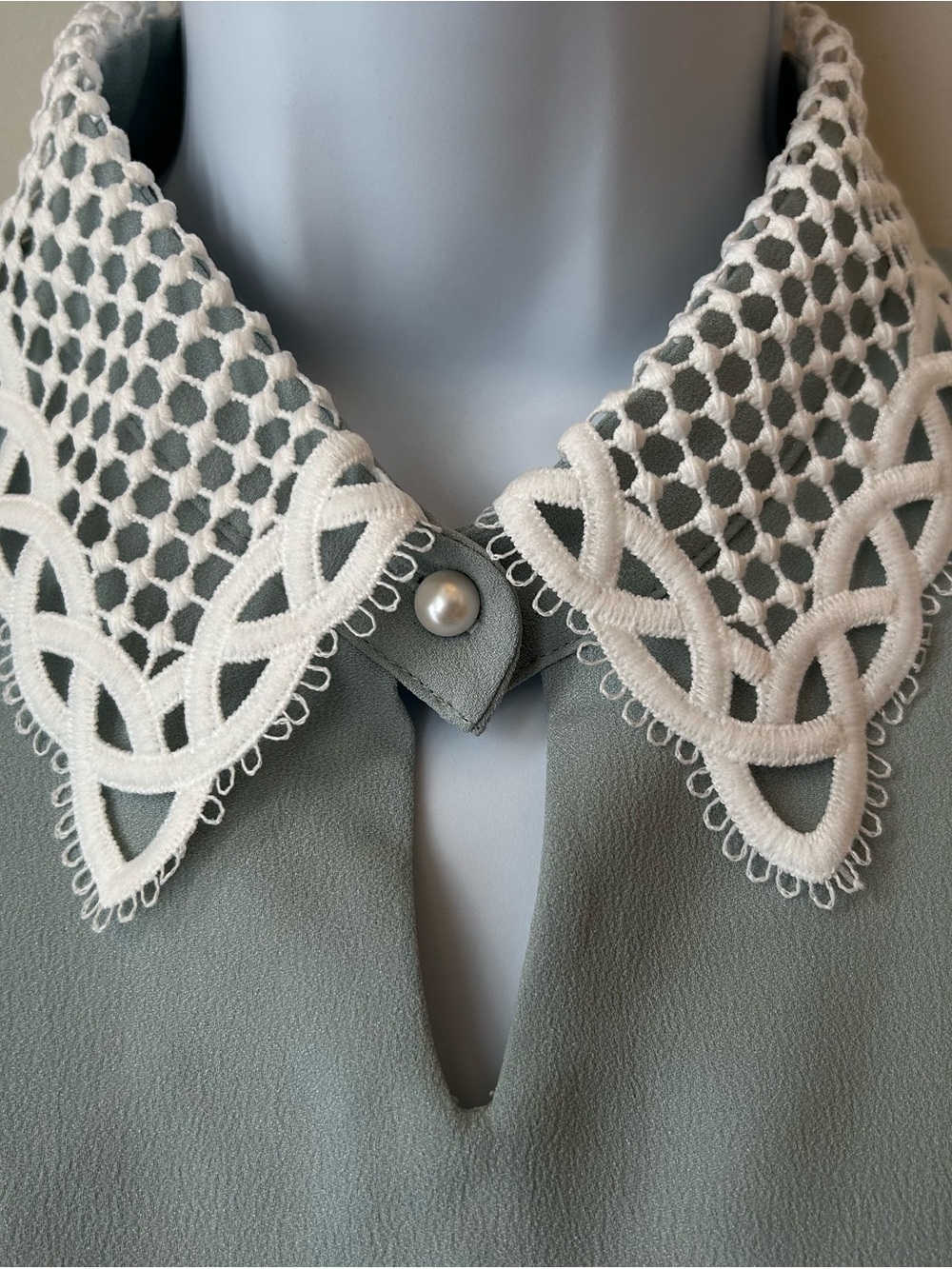 Lace Collar Seafoam Blouse - Mermaidcore Coquette Korean Office Chic - Picture 4 of 13